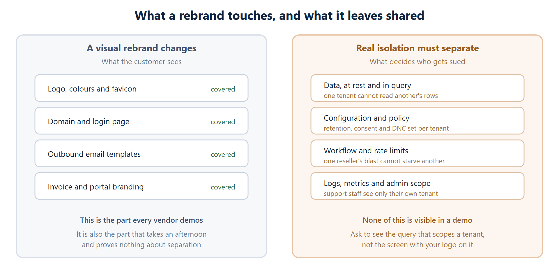 Two column comparison showing what a visual rebrand covers such as logo, domain and templates, against what real tenant isolation must separate including data, configuration, workflow limits and admin scope