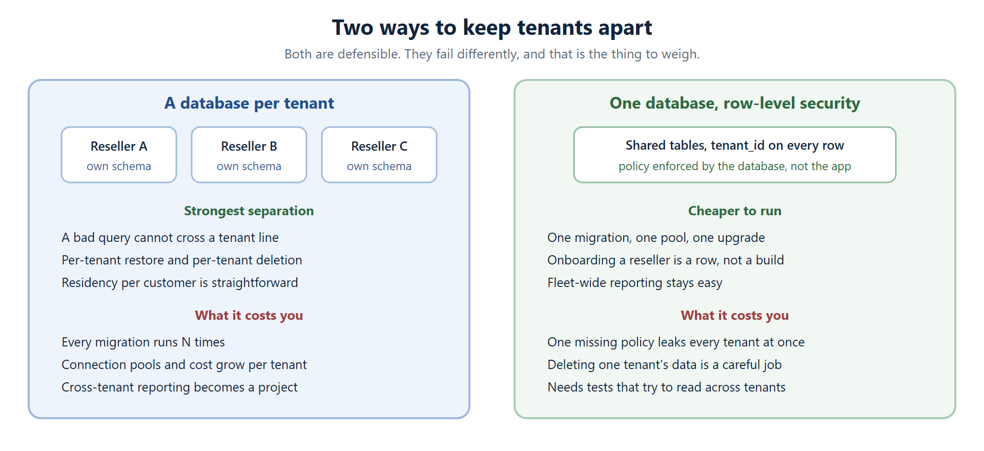 Comparison of a database per tenant against a single shared database using row-level security, listing the strengths and costs of each approach for white label platforms
