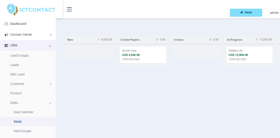 ICTCRM deals pipeline with deal stages and the CRM menu for leads, quotes and invoices