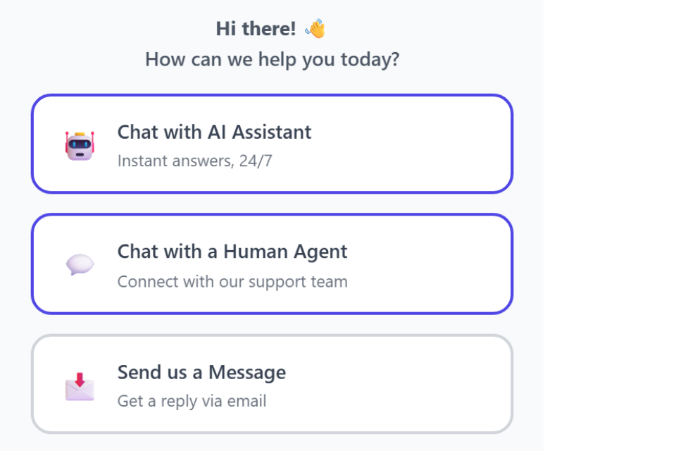 ICTDesk chat widget offering AI assistant, human agent or message options