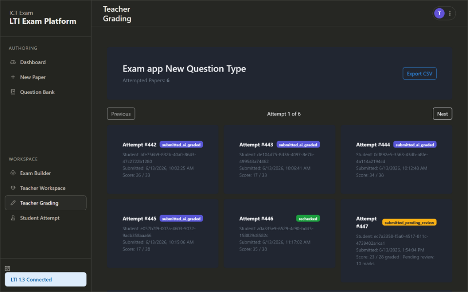 ICTExam teacher grading screen listing submitted exam attempts