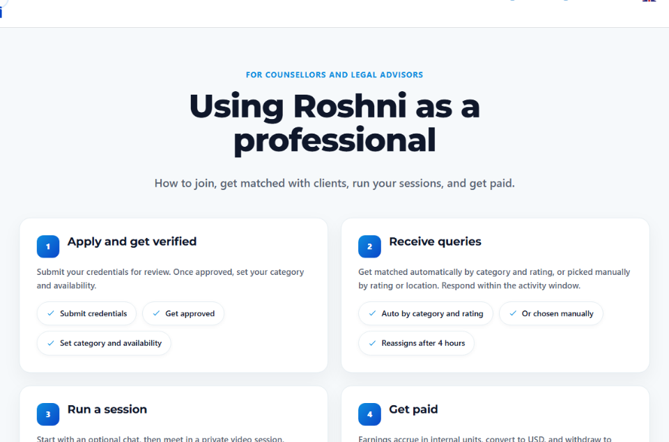 Roshni guide for professionals: apply and get verified, receive queries, run a session, get paid